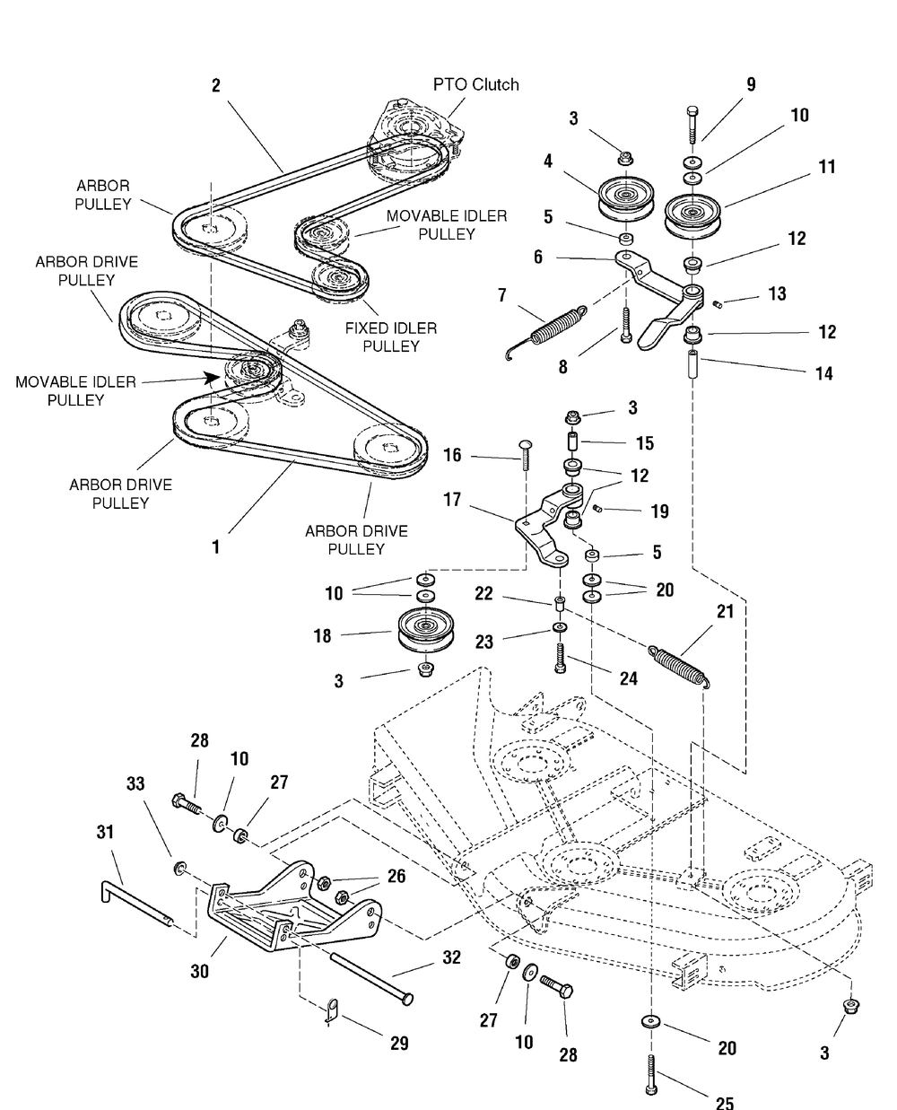 44" And 50" Mower Deck - Clutch And Support Group Diagram and Parts List for 2690429-107277740-ZT7000 2005 Briggs and Stratton Lawn Tractor Accessories